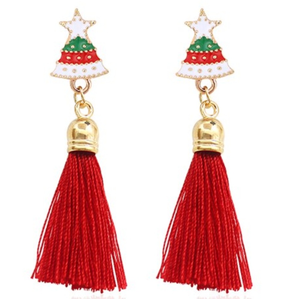 Red Green Christmas Tree Tassel Dangle Earrings